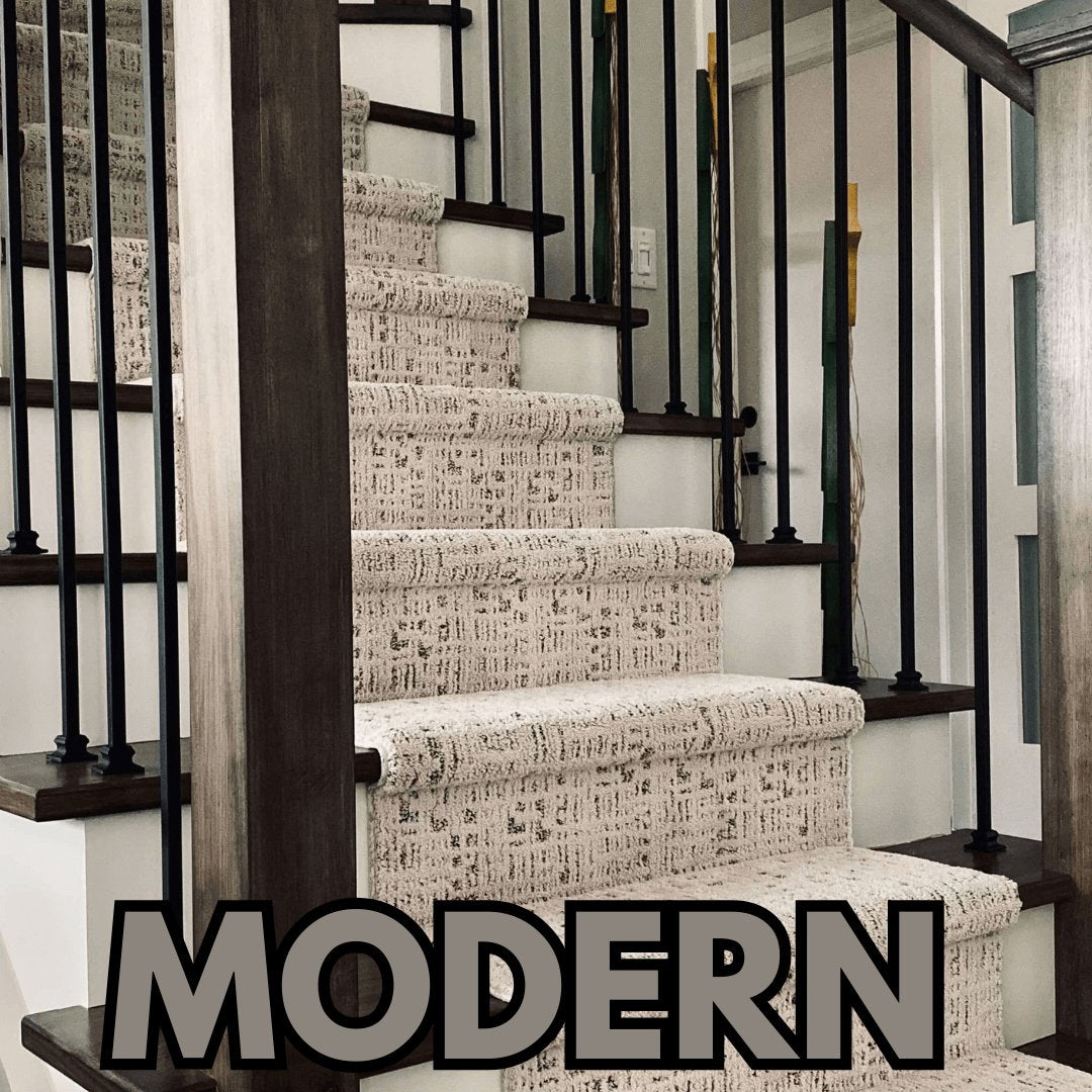 modern stair runner on wood stairs