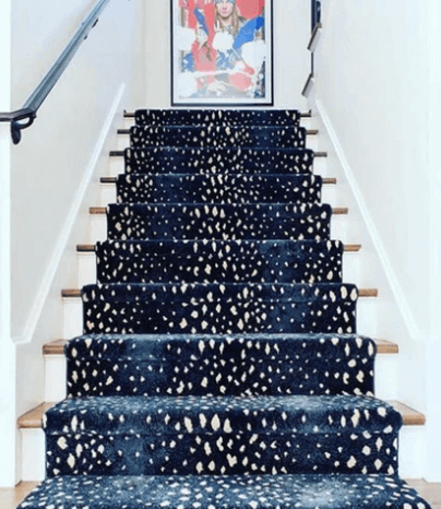 Blue Animal Print carpet on stairs