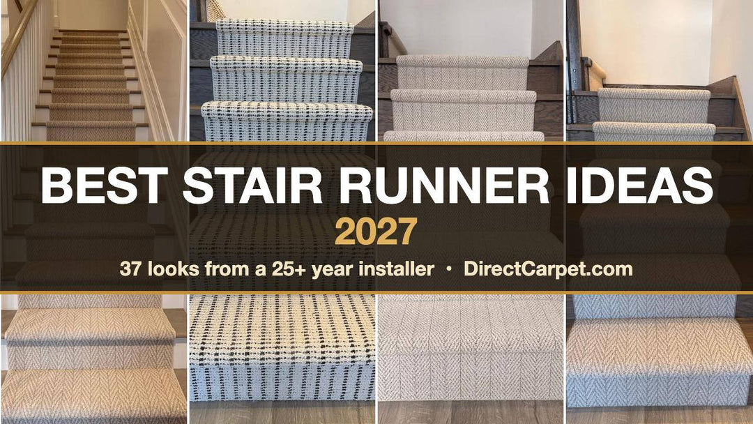 Best stair runner ideas 2027: herringbone and checkered stair runners on wood stairs, DirectCarpet.com
