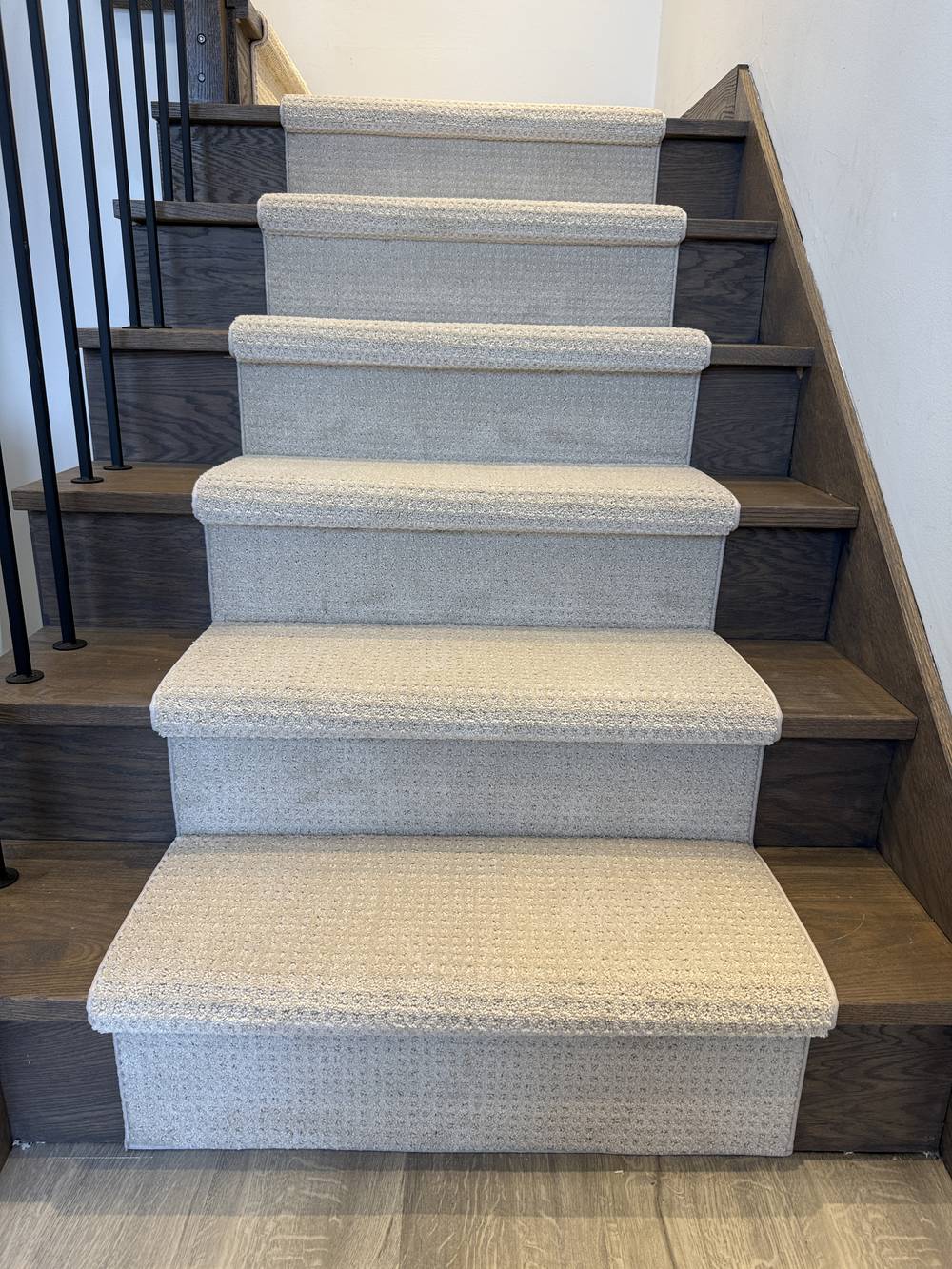Garibaldi Estate Democracy stair runner carpet on dark hardwood stairs with white walls