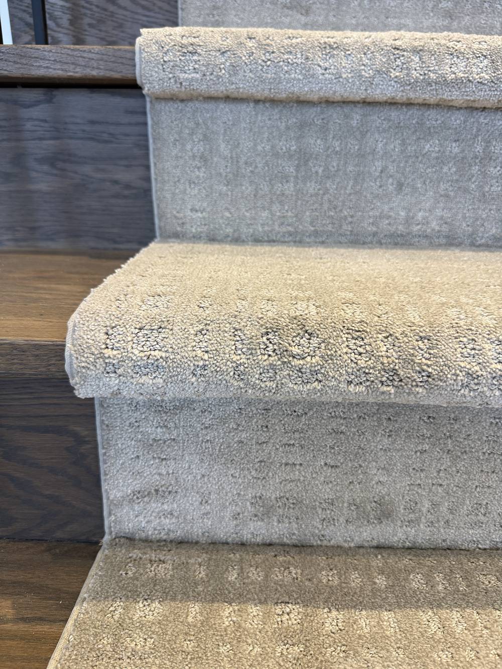 Stair runner carpet wrapped over the bullnose of a dark hardwood stair, close-up