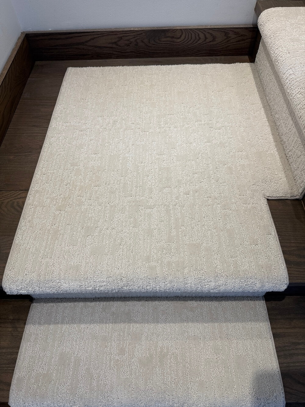 A light beige textured carpet runner or stair carpet shown installed on a staircase, with a matching runner on the step below and part of a sofa visible on the right.