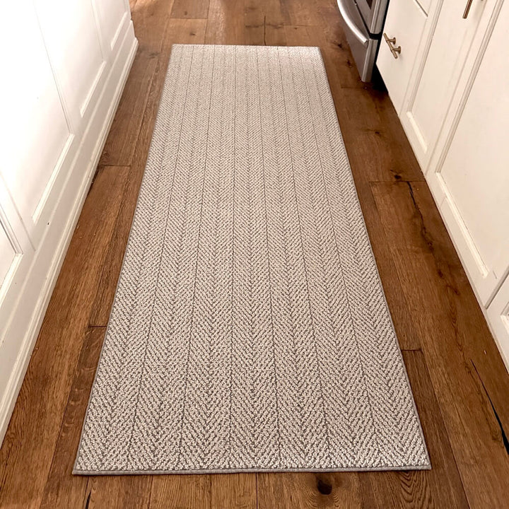 Textured gray rug on a wooden floor in a kitchen setting
