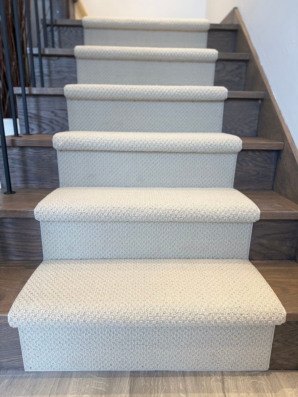 Sebastian Beige Berber stair runner on hardwood staircase
