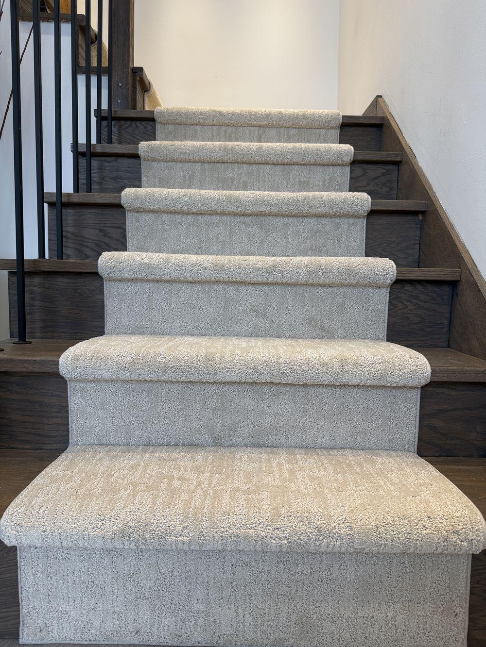 Mallard Manor Democracy stair runner carpet on dark hardwood stairs with white walls