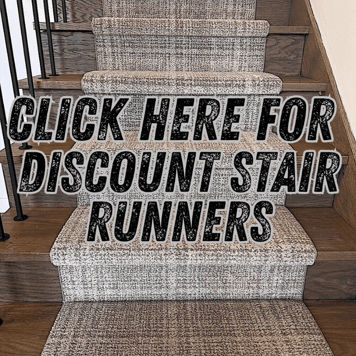 Stair runner on wooden stairs with text overlay 'Click here for discount stair runners'.