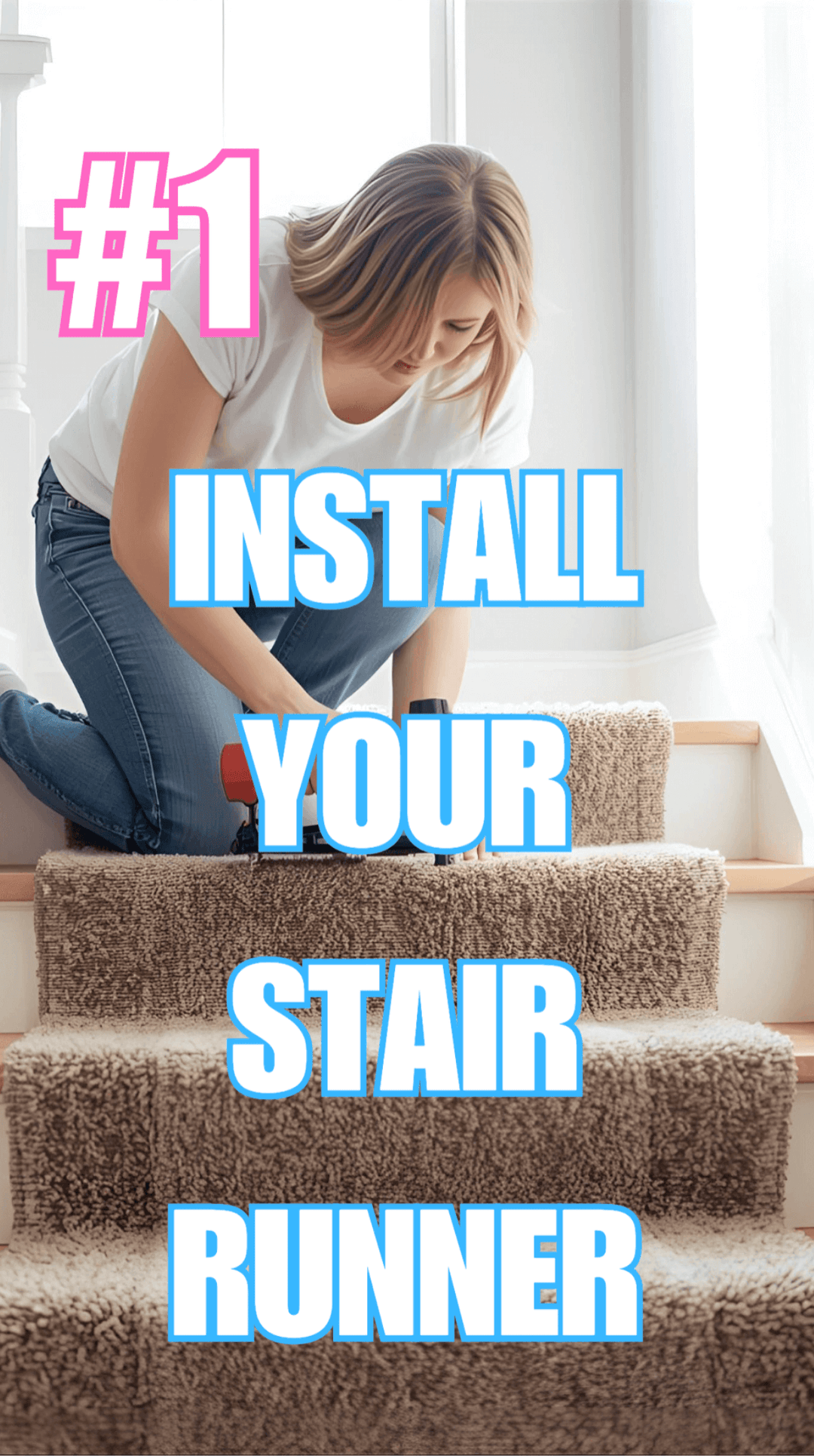 Female Installing her own stair runner on wood stairs made from oak