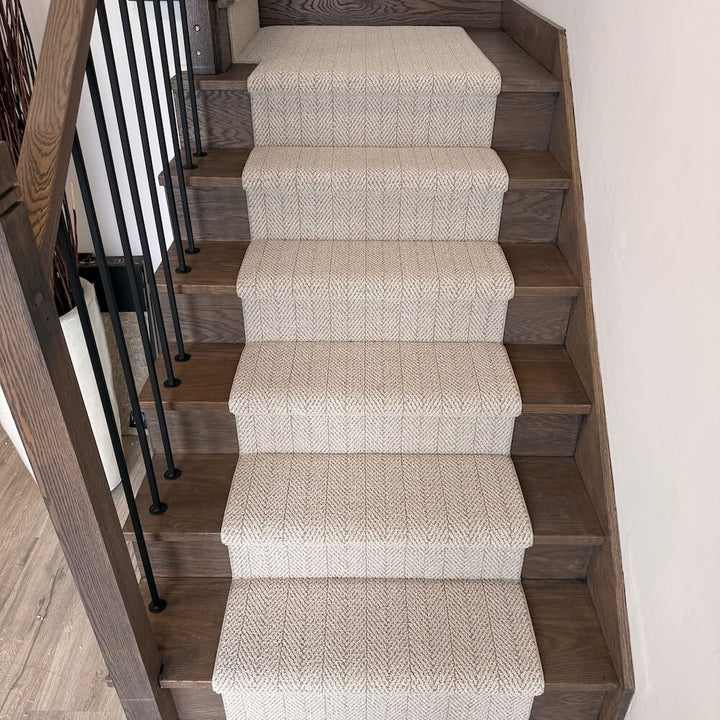 Staircase with wooden steps and a textured beige carpet, metal railing on the left.